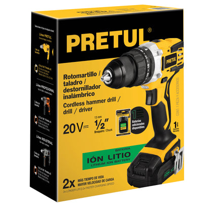 ROTOMARTILLO INALÁMBRICO, BATERÍA ION LITIO, 20 V, PRETUL