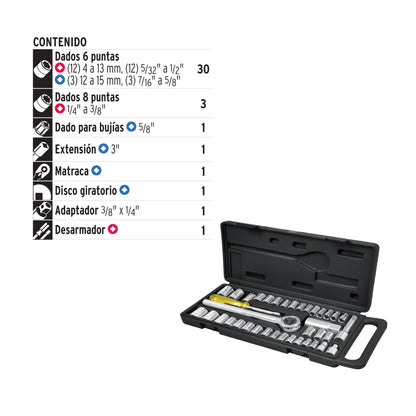JUEGO DE 1/4" y 3/8" PARA MECÀNICO, 39 PIEZAS PRETUL 24220 N