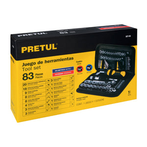 JUEGO DE 83 HERRAMIENTAS 1/4" Y 3/8" PARA MECÁNICO, PRETUL 22984 N