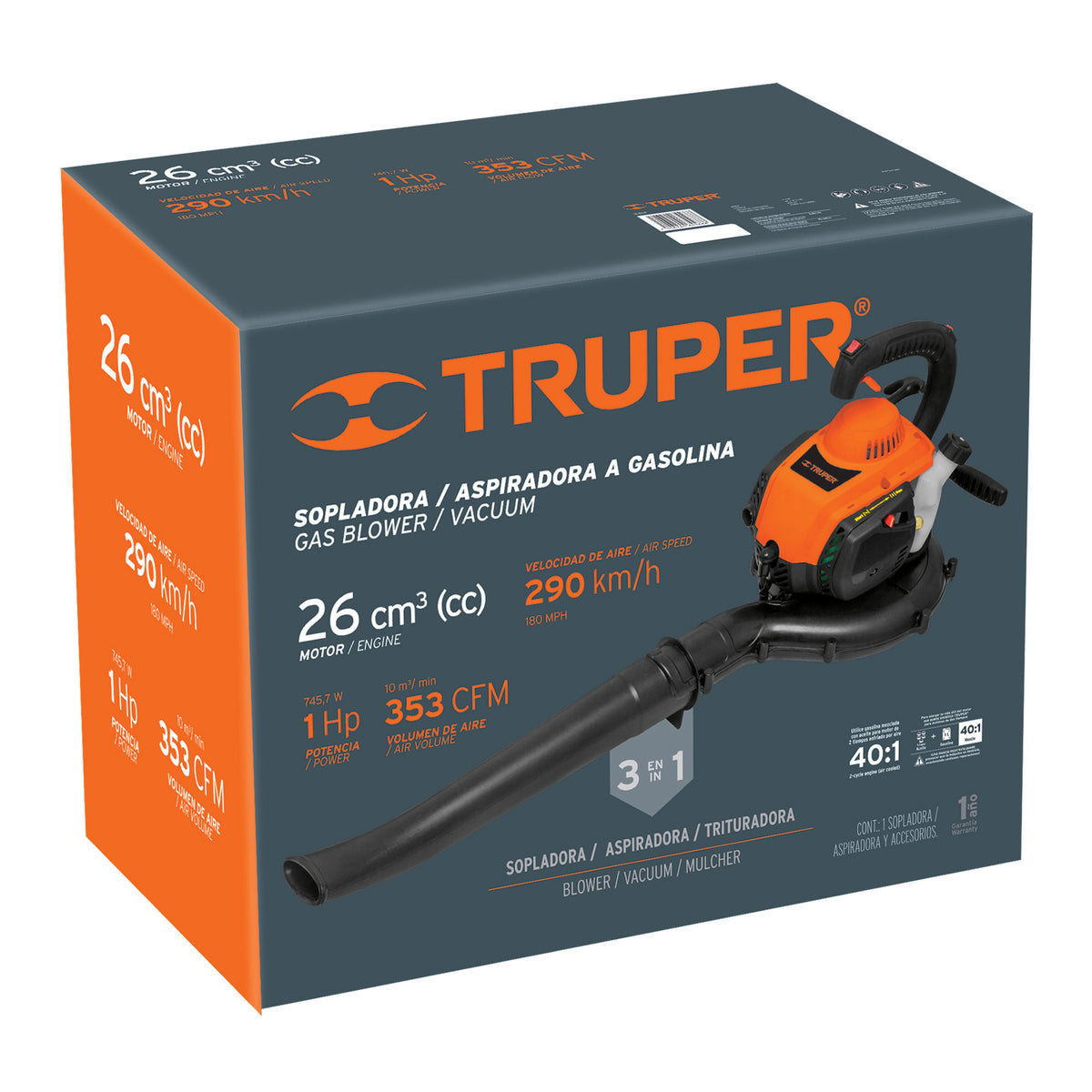 SOPLADORA/ASPIRADORA CON MOTOR DE 26 CC, A GASOLINA TRUPER  13047 P