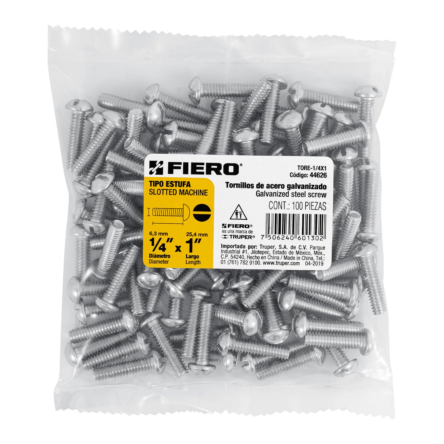 BOLSA CON 100 TORNILLOS 1/4 "X 1" TIPO ESTUFA, FIERO 44626 N