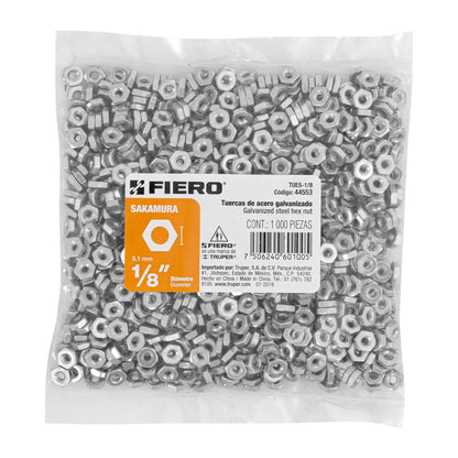 BOLSA CON 1000 TUERCAS 1/8" HEXAGONALES TIPO SAKAMURA, FIERO 44553