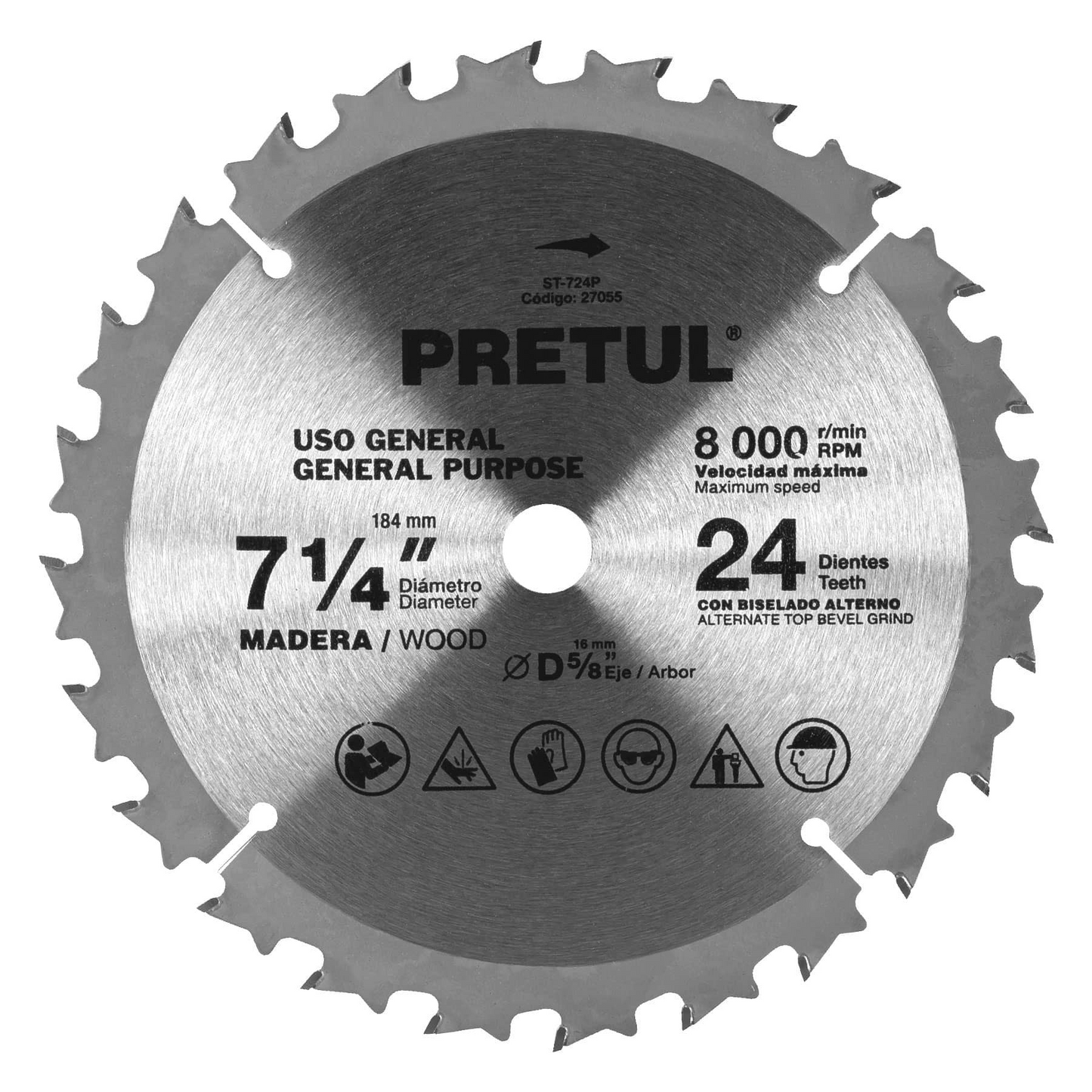 DISCO SIERRA 7-1/4' P/MADERA, 24 DIENTES CENTRO 5/8', PRETUL 27055 *
