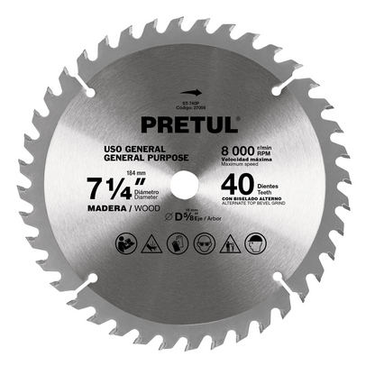 DISCO SIERRA 7-1/4' P/MADERA, 40 DIENTES CENTRO 5/8', PRETUL 27056 *