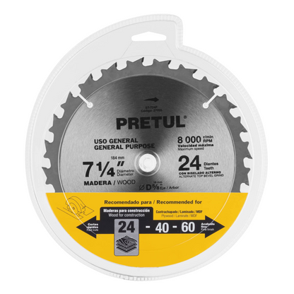 DISCO SIERRA 7-1/4' P/MADERA, 24 DIENTES CENTRO 5/8', PRETUL 27055 *